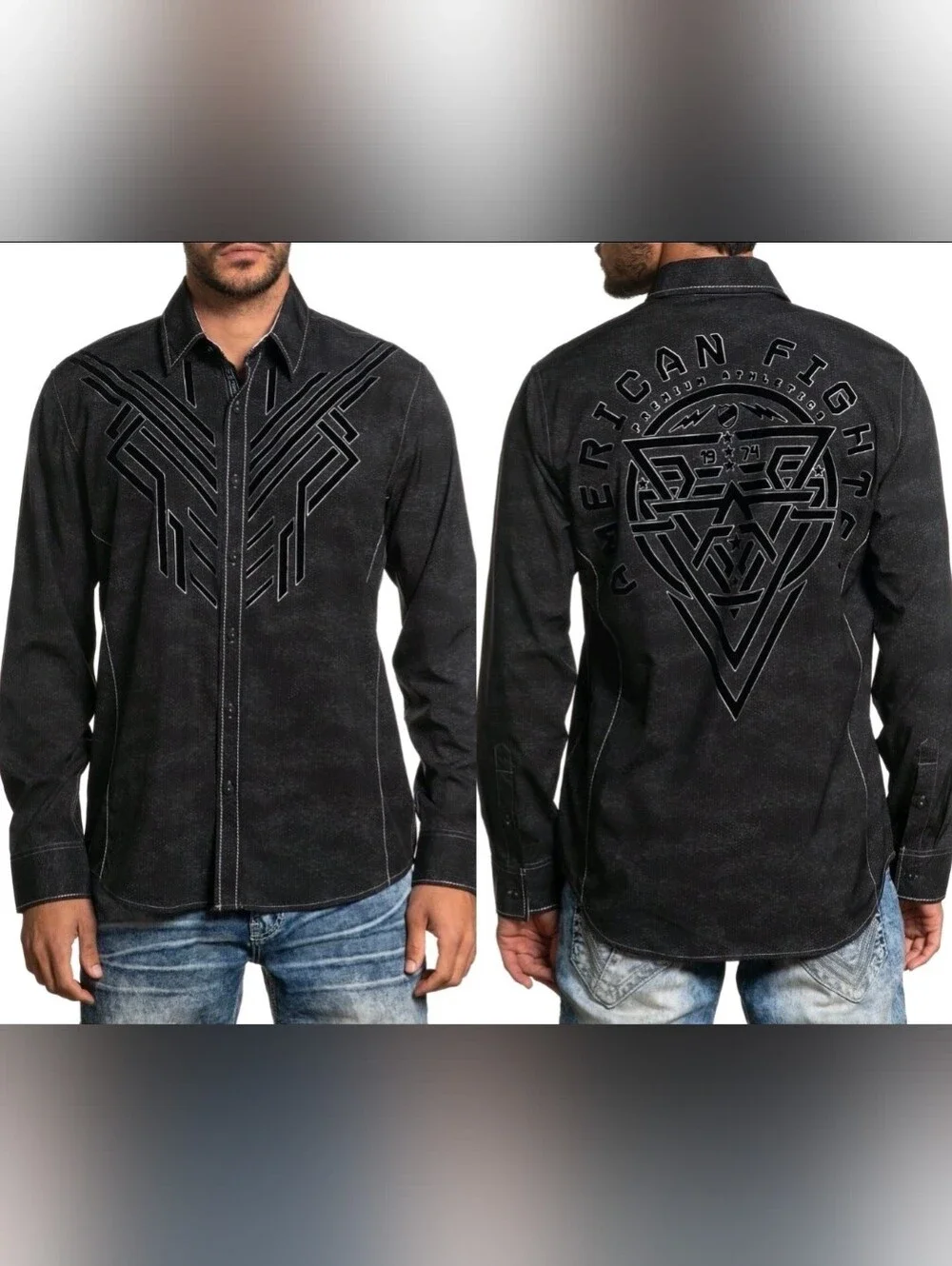 AMERICAN FIGHTER Men's Long‎ Sleeve Button Down Shirt REFUTE Embroidered Large